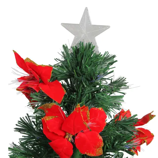 DAK 3' Pre-Lit Medium Fiber Optic Red Poinsettias Artificial Christmas Tree - Multicolor Lights {4}
