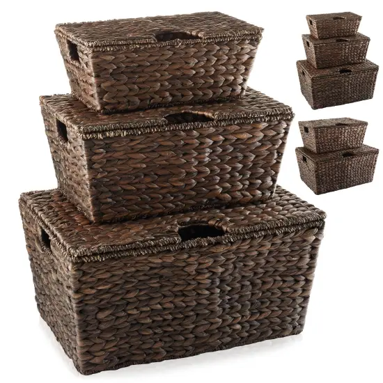 Casafield Water Hyacinth Storage Baskets with Tapered Bottoms and Lids, Multipurpose Organizers for Bedroom, Bathroom, Laundry, Home Office {7}