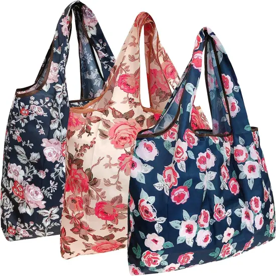 Wrapables Large Foldable Tote Nylon Reusable Grocery Bag, 3 Pack Rose Garden {1}