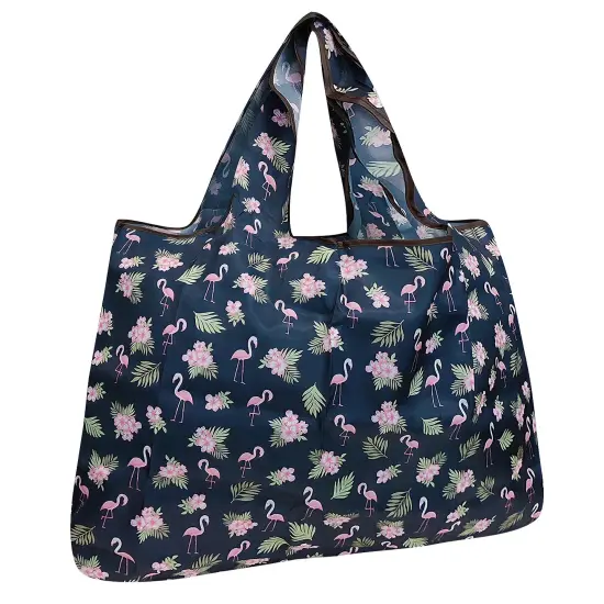 Wrapables Large Foldable Tote Nylon Reusable Grocery Bag Flamingoes & Floral {1}