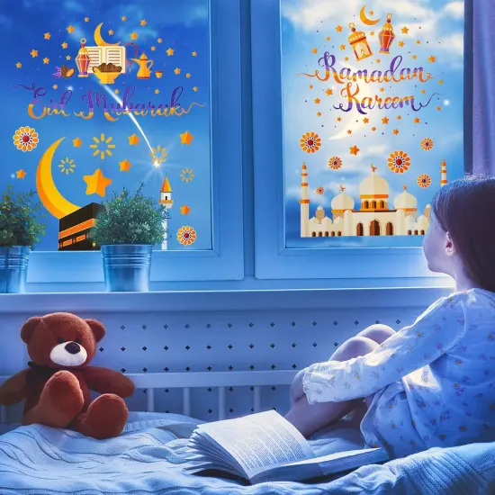 80 PCS Ramadan Window Clings Eid Mubarak Window Stickers Static Ramadan Kareem Window Decals Removable Window Cling Decorations for Ramadan Mubarak Party Classroom Supply, 9 Sheets {3}