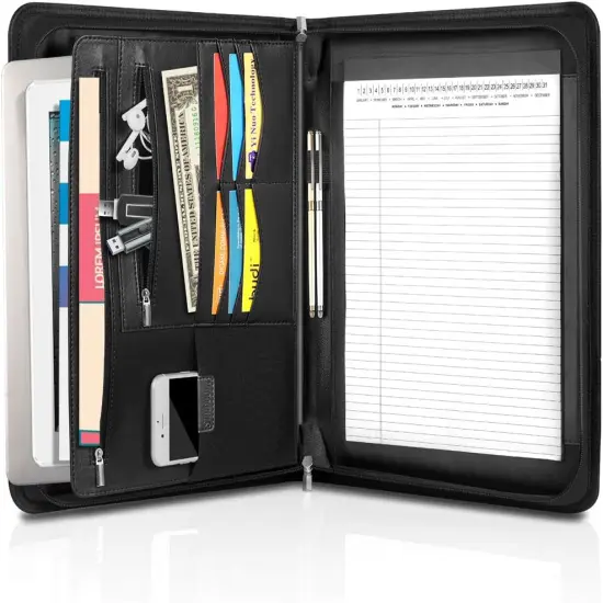 SIMBOOM Zippered Leather Padfolio Multi-Functional Organizer- (Black) {1}