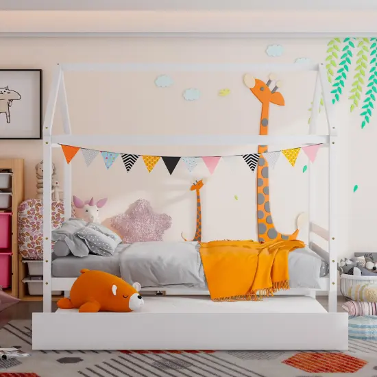 Wood Twin House Platform Bed Frame with Trundle, Sturdy White {6}