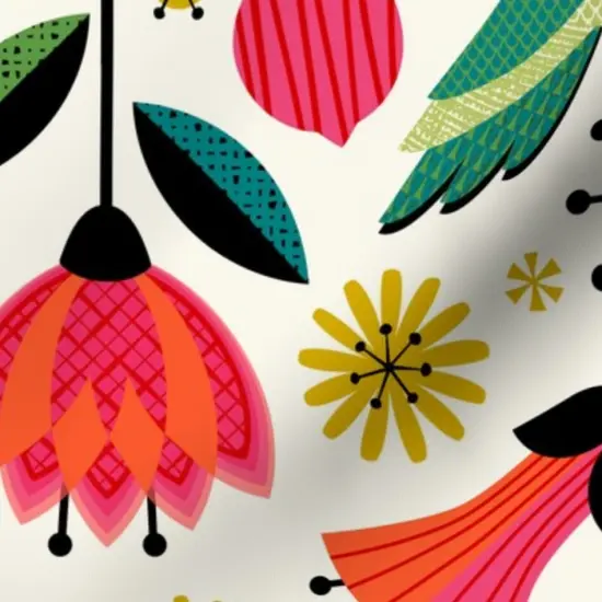 Various Fabrics by the Yard or Fat Quarter Hummingbird Vintage Flowers Floral Retro Mod Mid Century Scandi Red Yellow Green Custom Printed Fabric by Spoonflower {7}