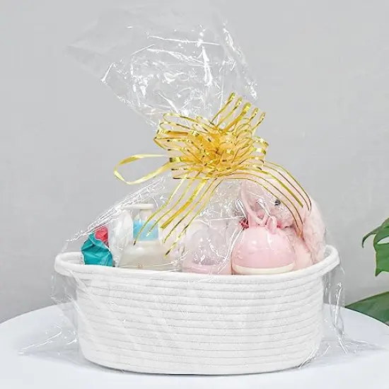 ABenkle Cute Small Woven Basket with Handles, 12"x 8" x 5" Rope Room Shelf Storage Basket Chest Box for Cat and Dog Toys, Empty Decorative Gift - White {5}