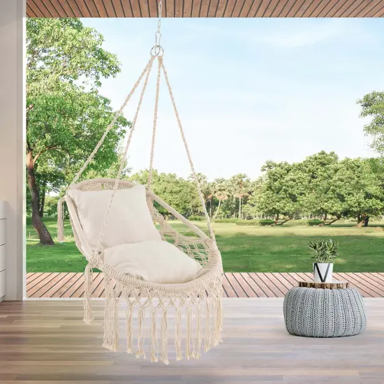 Costway Indoor Outdoor Macrame Swing with Soft Seat Cushions Sturdy Hanging Rope & Chain {2}