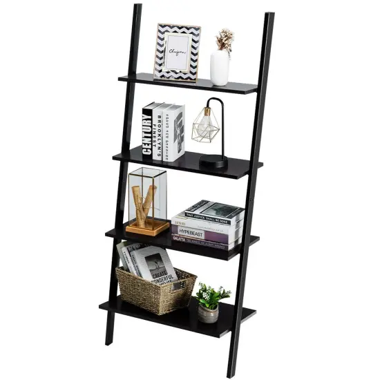 Costway Industrial Ladder Shelf 4-Tier Leaning Wall Bookcase Plant Stand Rustic Black/Brown {7}
