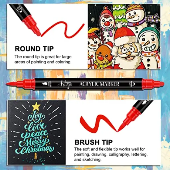 24 Colors Acrylic Paint Pens, Dual Tip Pens With Medium Tip and Brush Tip, Paint Markers for Rock Painting, Ceramic, Wood, Plastic, Calligraphy, Scrapbooking, Brush Lettering, Card Making, DIY Crafts {6}