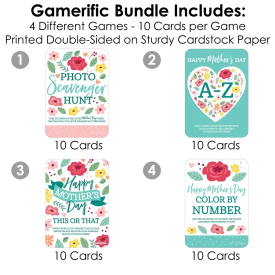 Big Dot of Happiness Colorful Floral Happy Mother's Day - 4 We Love Mom Party Games - 10 Cards Each - Gamerific Bundle {4}