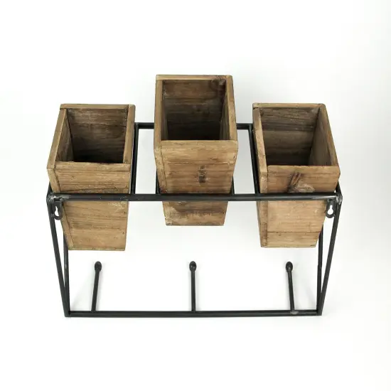 Wood and Wrought Iron Triple Planter Wall Hook Rack {4}