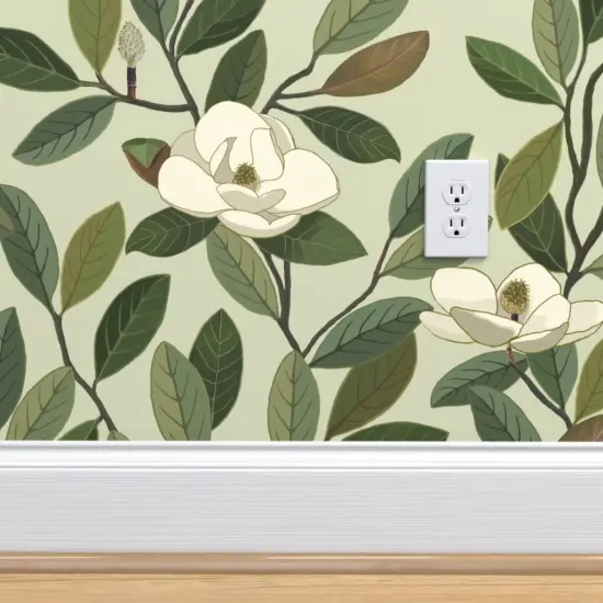Peel & Stick Wallpaper 2FT Wide Magnolia Blooms Green White Flowers Botanical Floral Custom Removable Wallpaper by Spoonflower {4}