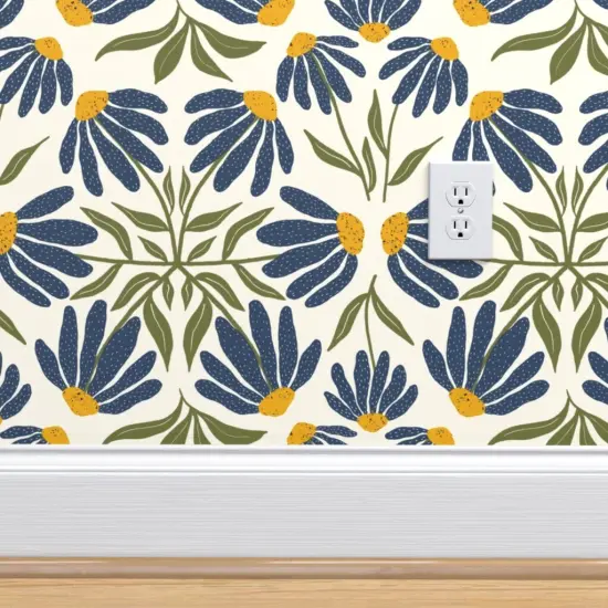 Peel & Stick Wallpaper 2FT Wide Echinacea Botanical Tile Wildflower Blue Yellow Gold Coneflowers Native Species Custom Removable Wallpaper by Spoonflower {4}