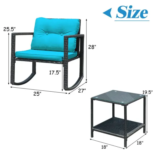 3 Pieces Wicker Rocking Bistro Set with Glass Coffee Table and Storage Shelf Blue {4}