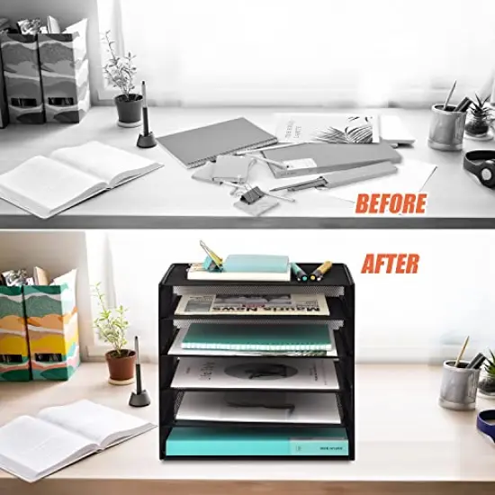 5 Slot Desk Organizer Tray, Mesh File Paper Letter Tray Desktop Paper Sorter Literature Organizer Rack for Home, Office, or School, Black {6}