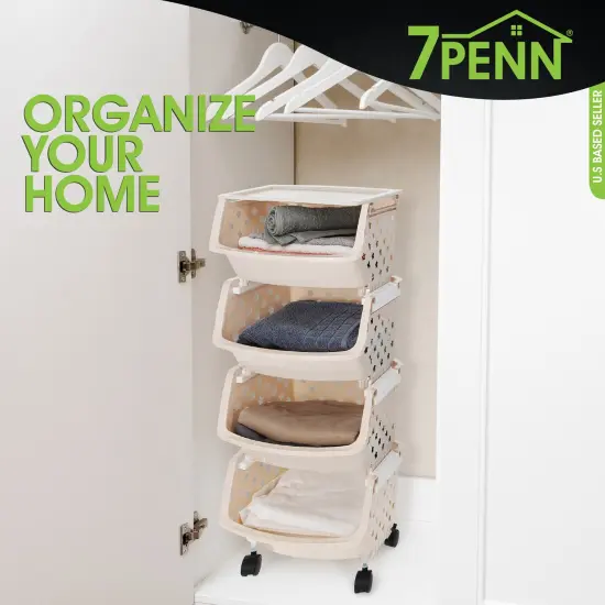 7Penn Rolling Storage Bin - 4pc Beige Stackable Storage Container with Wheels {6}