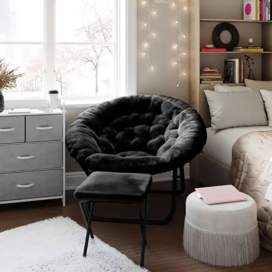 Emma and Oliver Ersa Oversize Folding Saucer Moon Chair and Ottoman for Dorm and Bedroom with Steel Frames BlackFab/BlackFrame {1}