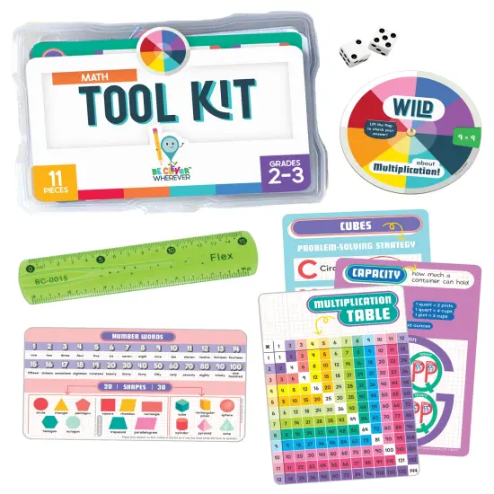 Carson Dellosa 11-Piece Be Clever Wherever Grades 2-3 Mathematics Tool Kit, Sticker, Multiplication Chart, Spin Wheel, Dice Game, and More Math Manipulatives {1}