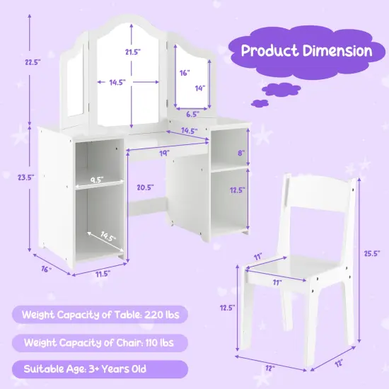 Kids Vanity Table and Chair Set with Removable Tri-Folding Mirror White {5}