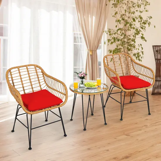 3 Pieces Rattan Furniture Set with Cushioned Chair Table Red {6}