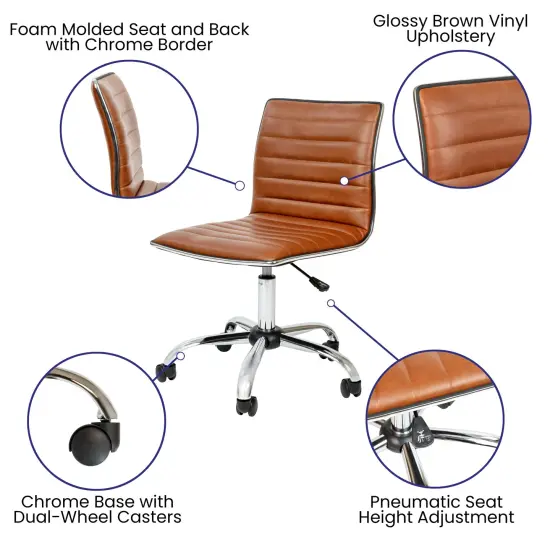 Merrick Lane Amelie Home Office Chair Ergonomic Executive Ribbed Low Back Armless Computer Desk Chair - Base, Frame & Border BrownVinyl/Chrome {2}