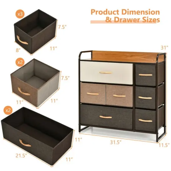 7 Drawer Tower Steel Frame and Wooden Top Dresser Storage Chest for Bedroom {5}