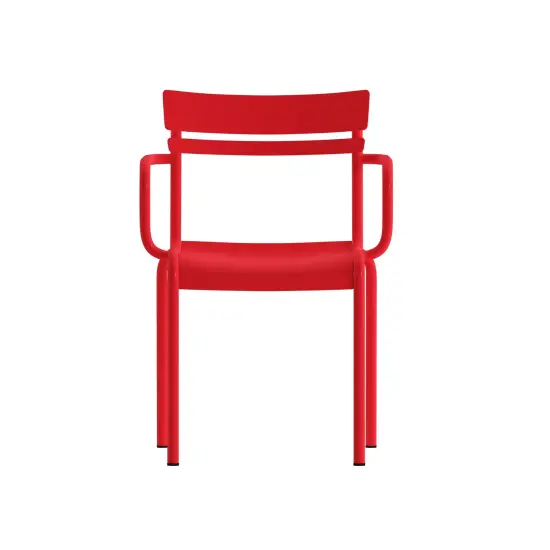 Emma and Oliver Rennes Powder Coated Steel Stacking Dining Chair with Arms and 2 Slat Back for Indoor-Outdoor Use Red {3}