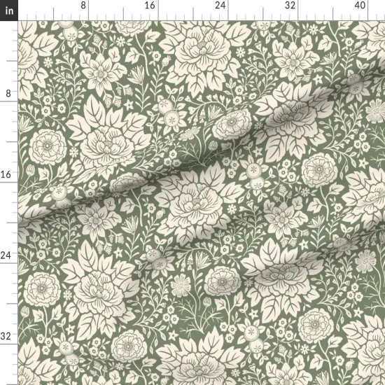 Various Fabrics by the Yard or Fat Quarter Sage Green Floral Hand Drawn Traditional Classic Serene And Cream Block Print Custom Printed Fabric by Spoonflower {1}