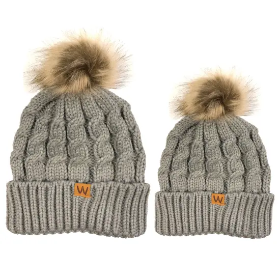 Wrapables Winter Warm Cable Knit Faux Fur Pom Pom Beanie Gray {1}