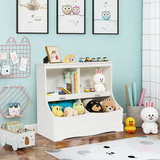 Costway Children's Multi-Functional Bookcase Toy Storage Bin Kids Floor Cabinet GreyWhite {2}