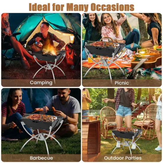 Costway 3-in-1 Portable Charcoal Grill Folding Camping Fire Pit with Carrying Bag & Gloves Black/Coffee {4}