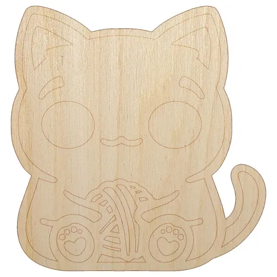 Content Kawaii Chibi Sitting Cat with Ball of Yarn Unfinished Wood Shape Piece Cutout for DIY Craft Projects {2}