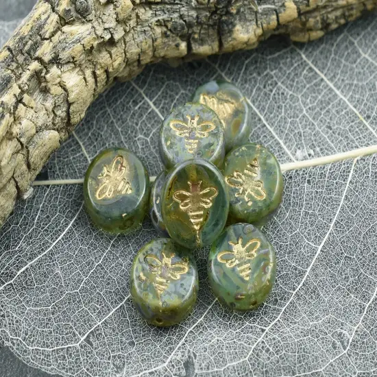 *12* 12mm Gold Washed Green Aqua Picasso Bee Coin Beads {3}