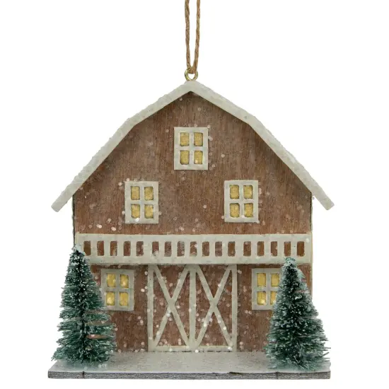 Northlight Battery Operated Lighted Rustic House with Trees Christmas Ornament - 4" - Brown Beige {1}