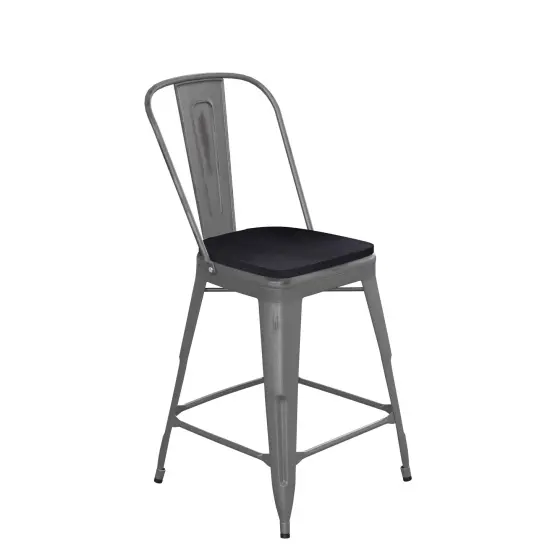 Emma and Oliver Grant Clear Coated Metal Stool with Backrest and Polyresin Seat for Indoor Use Only Clear Coated/Black {1}
