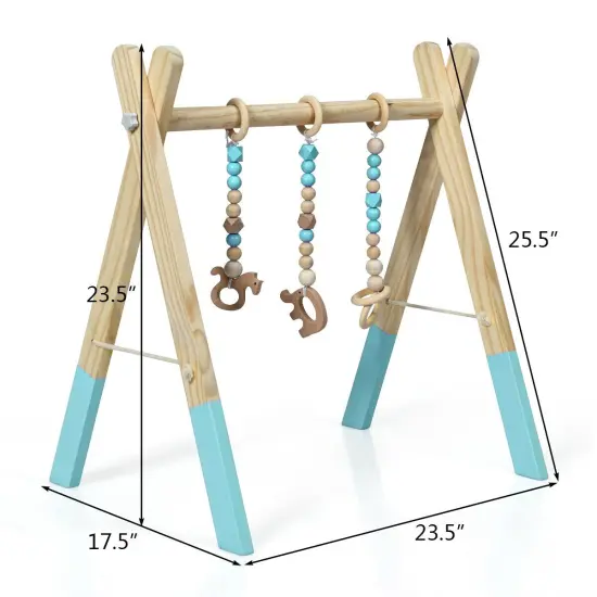 Portable 3 Wooden Newborn Baby Exercise Activity Gym Teething Toys Hanging Bar Blue {6}