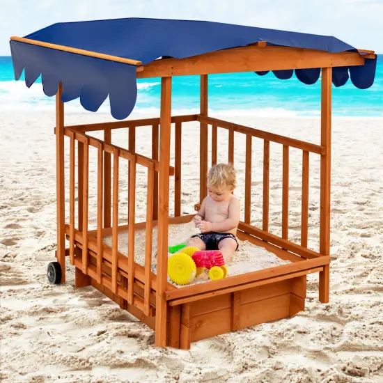 Kids Outdoor Wooden Retractable Sandbox with Cover and Built-in Wheels {2}