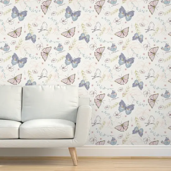 Pre-Pasted Wallpaper 2FT Wide Garden Butterfly Songbird Pastel Pink Purple Botanical Whimsical Soft Pastels Floral Custom Pre-pasted Wallpaper by Spoonflower {5}
