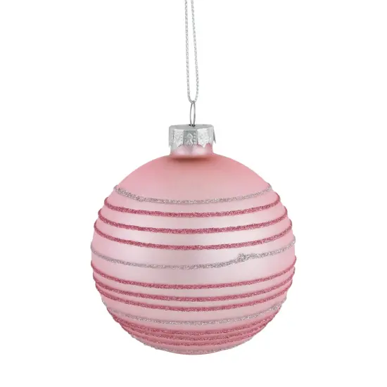 Northlight Glitter Striped Glass Christmas Ball Ornaments - 3" (80mm) - Pink - 4ct {1}