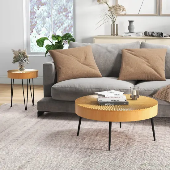 Set of 2 Solid Wood Farmhouse Round Coffee Tables Radial Pattern {2}