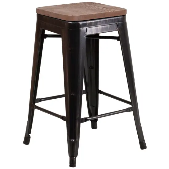 Merrick Lane Dalton Series Backless Metal Dining Stool with Wooden Seat for Indoor Use Black-Antique Gold {2}