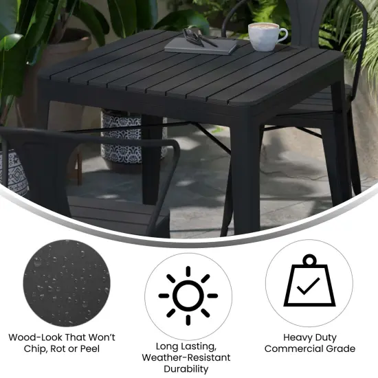Merrick Lane Hara 31.5" Square Indoor/Outdoor Black Steel Patio Dining Table for 4 with Black Poly Resin Slatted Top Black/Black {2}