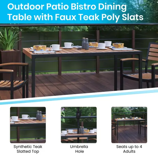 Merrick Lane Outdoor Powder Coated Steel Dining Table with Faux Teak Poly Slat Top, 9' Patio Umbrella and Base Gray {2}