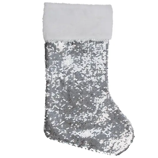 Northlight 19" White and Silver Sequin Christmas Stocking With White Faux Fur Cuff {1}