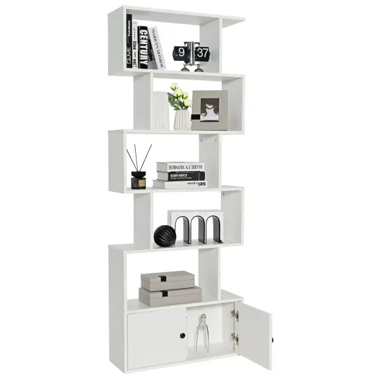 Costway Bookshelf with Cabinet 6-Tier S-Shaped Bookcase Storage Rack Rustic Brown/White/Black {1}