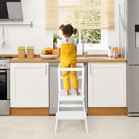 2-in-1 Multifunctional Wooden Kids Step Stool with Safety Guardrail and Wide Platform White {2}