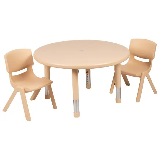 Emma and Oliver 33" Round Plastic Height Adjustable Activity Table Set with 2 Chairs Natural {2}