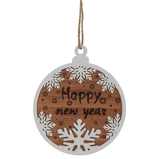 Northlight Wooden Snowflake "Happy New Year"Christmas Ornament Disc - 7" - White and Brown {1}