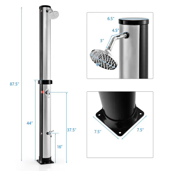 7.2 Feet Solar-Heated Outdoor Shower with Free-Rotating Shower Head Silver {4}