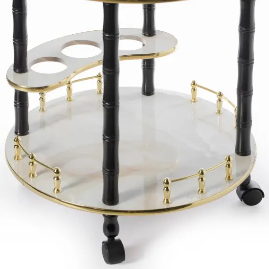 Round Wood Serving Bar Cart Tea Trolley with 2 Tier Shelves and Rolling Wheels White {4}