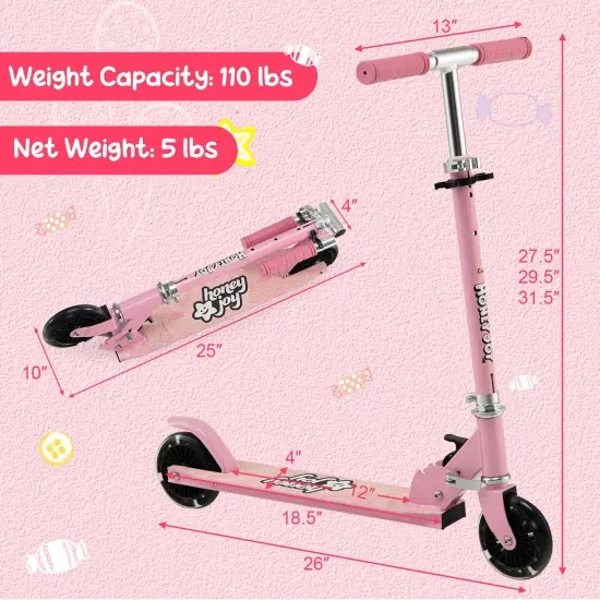 Kids Folding Kick Scooter with 3 Adjustable Heights for Outdoor Pink {4}